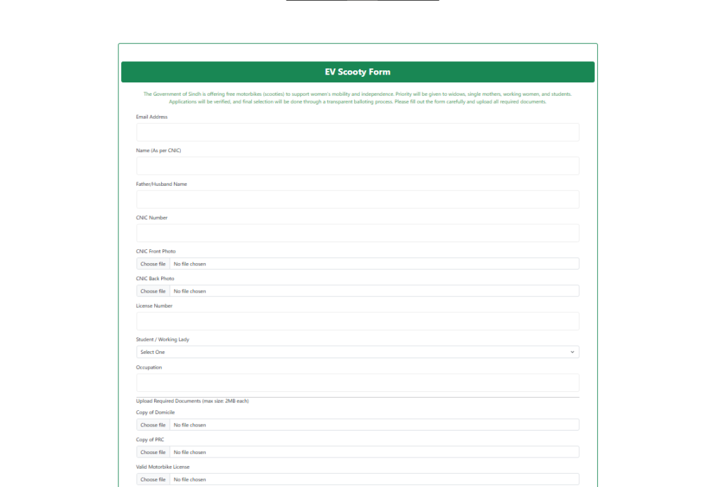 Sindh Government Pink EV Scooty Scheme 2025 Appication Form